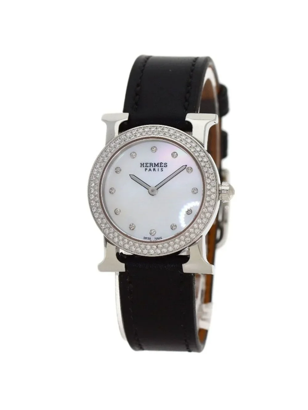 Hermes H Watch Ronde Bezel Diamond SS Leather